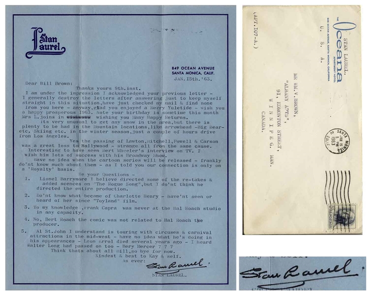 Stan Laurel Letter Signed With His Full Name, on His Stationery -- ''...Frank Capra was never at the Hal Roach studio in any capacity...''